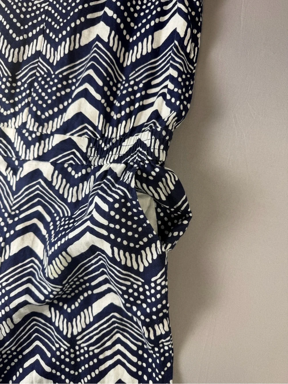 J. Crew Navy & White Chevron Linen and Cotton Jumpsuit Size 2 Elastic Waist NWOT